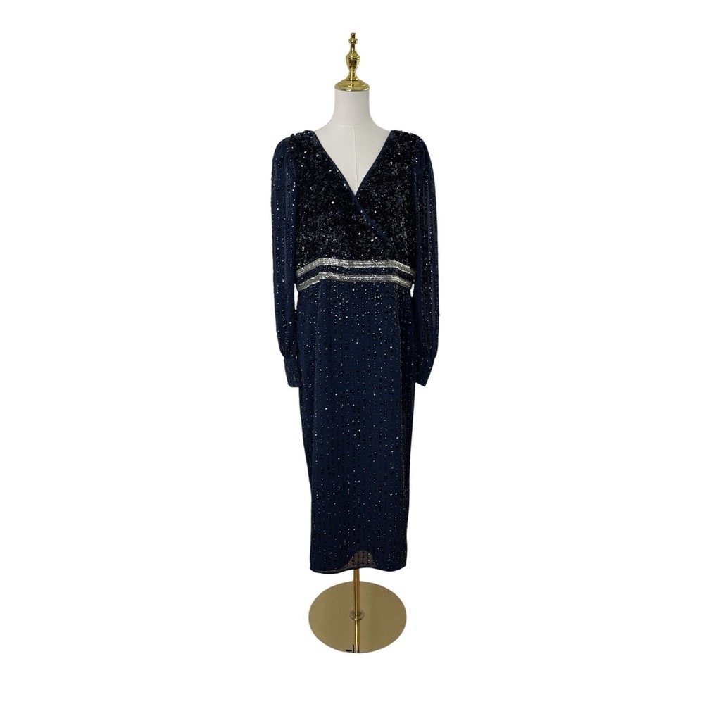 Mac Duggal 93593 Midnight Blue Sequin Beaded Midi Dress Size 16 $498 - Picture 3 of 7
